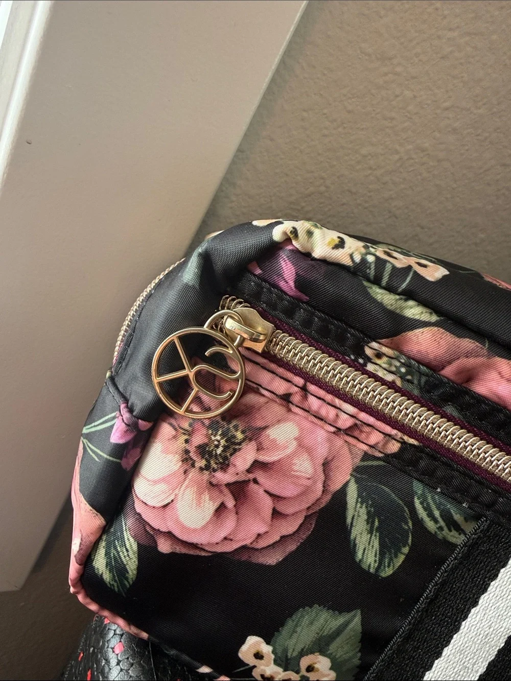 Black Floral Crossbody Bag with Gold Accent makeup purse Sonia Kashuk clutch